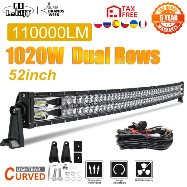 52" Led Light Bar 1020W Led Work Lights 12V 24V Spot Flood Combo Beam for Truck Tractor SUV 4X4 4WD Offroad Barra Light