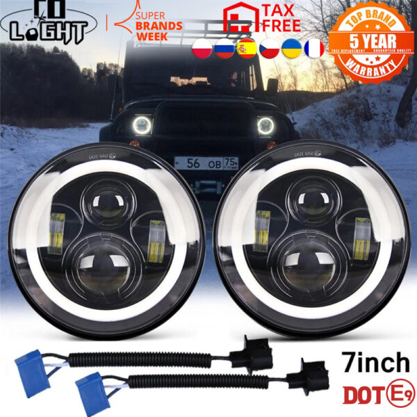 7 Inch LED Headlights DRL Hi/Lo Beam 50W 30W Halo Ring Amber Angel Eye For Niva Motorcycle Lada Offroad 4x4 UAZ 12V 24V