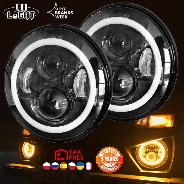 7 Inch Led Headlight H4 DRL Round 7'' Headlights with Yellow & White Angel Eye for Jeep Wrangler Lada Niva 4x4 50W 30W