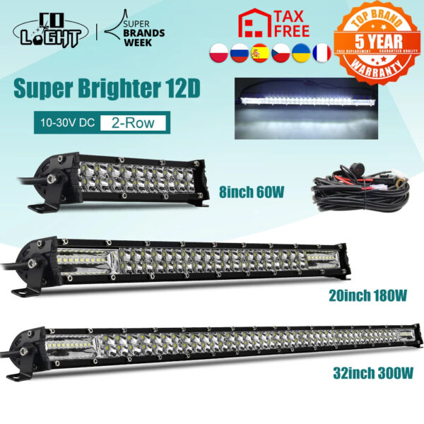 Super Slim 12D 8" 20" 32" LED Light Bar Spot Flood 60W 180W 300W Led Bar 4x4 for ATV SUV Offroad LED Work Light 12V 24V