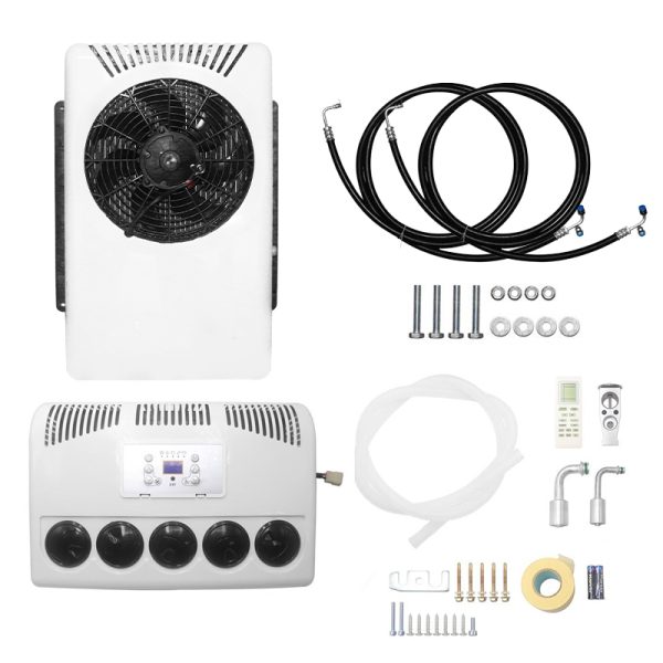 D100 12V 24V Split Type Truck Cab Air Conditioner, 8000 BTU DC Electric Split Parking Air Conditioner for Semi Truck, RV, Trailer, Camper, Van, Bus, Construction Machinery